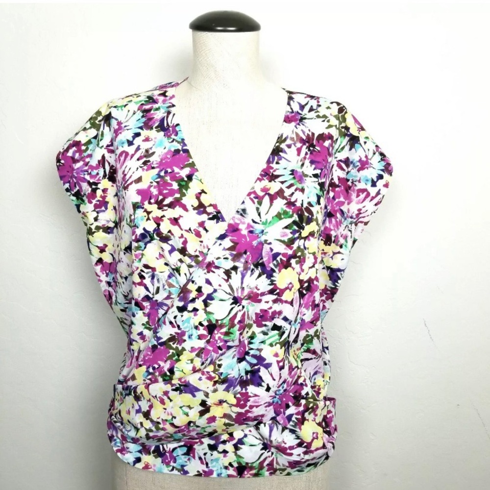 CABI Floral Wrap Blouse, Small, Fuchsia